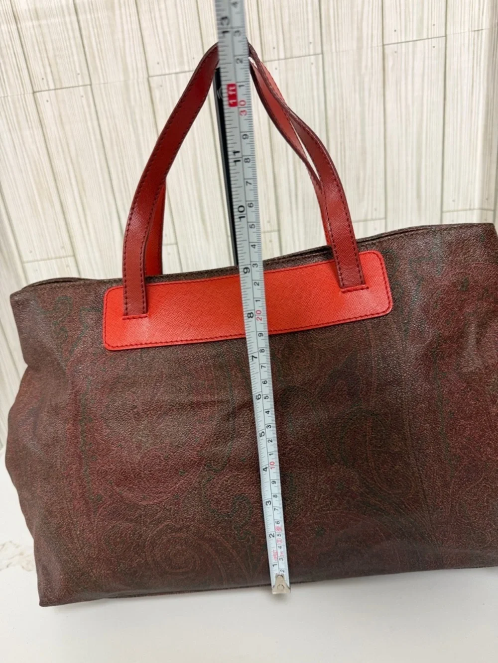 Etro Paisley Print Leather Tote Bag Red Orange Trim Shoulder Bag